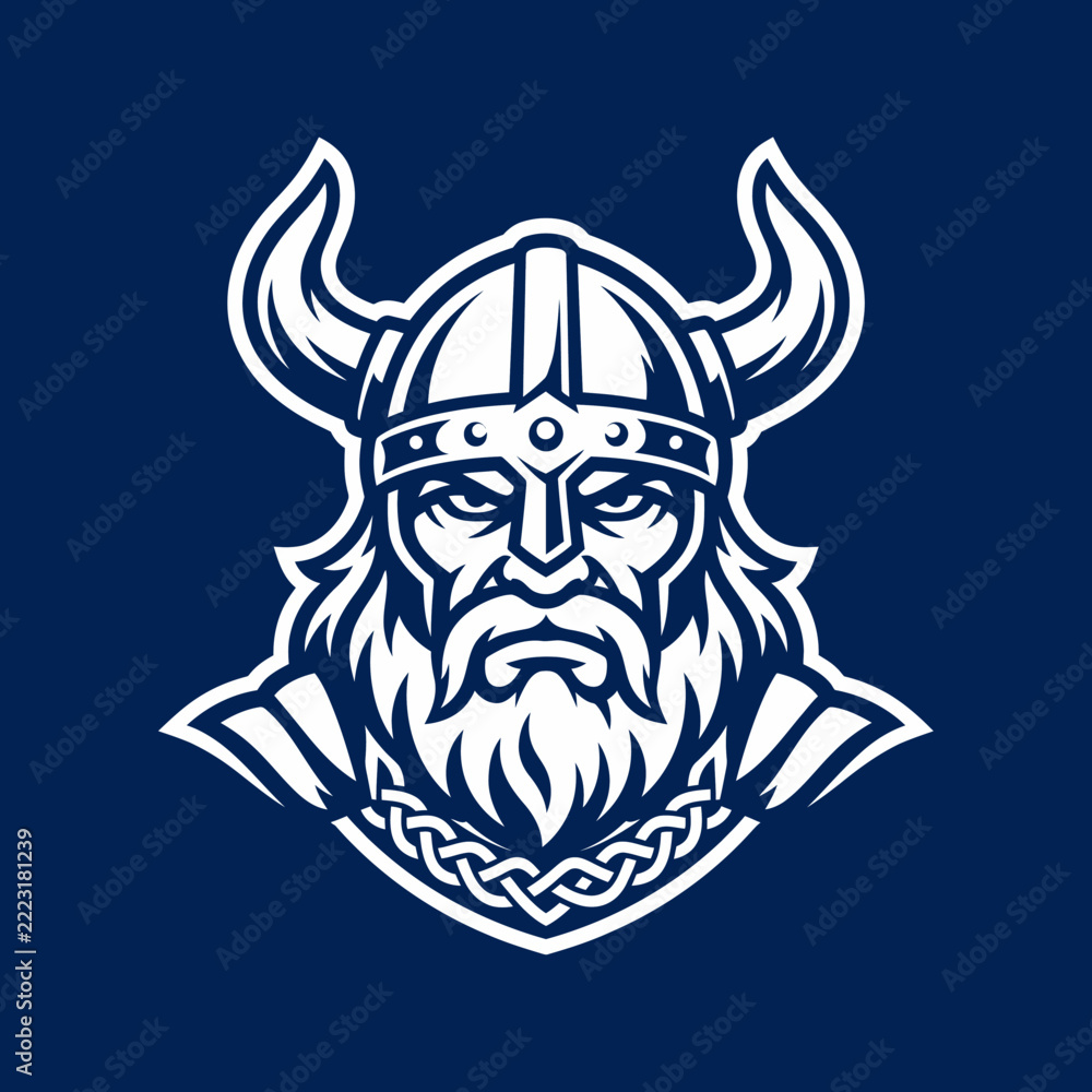 Fototapeta premium Intricate viking head mascot logo in white and blue
