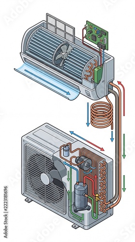 Detailed Illustration of Air Conditioner Components and Cooling System 1.