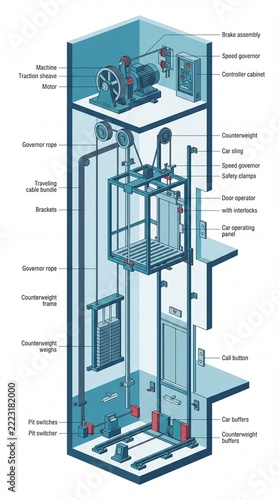 Detailed Illustration of Elevator System Components and Mechanics.