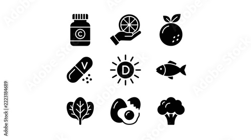 Healthy food and vitamin icons.