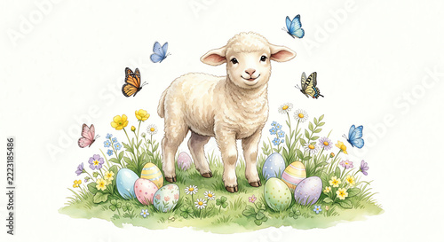Cute watercolor illustration of a fluffy yellow Easter chick sitting inside a woven basket with decorated pastel eggs and spring flowers, isolated on white.