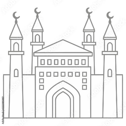 Mosque building outline with minarets and crescent moons
