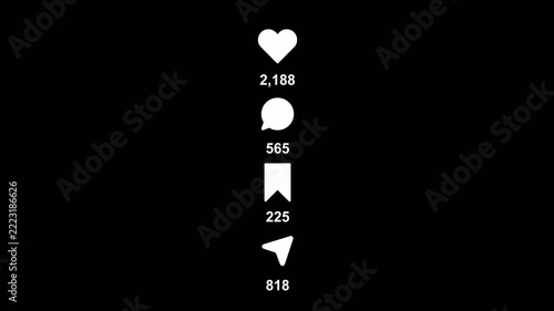 Social media engagement counter animation from zero to 5,000 likes, comments and shares on a transparent background