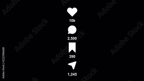Social media engagement counter animation from 0 to 20k likes, comments and shares on a transparent background
