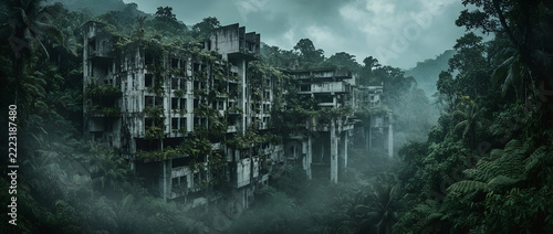 Cité brutaliste brumeuse envahie par la forêt tropicale