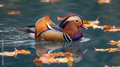 colourful male mandarin duck (aix galericulata) swimming on calm dark pond water covered with autumn leaves