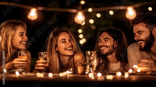 Four happy young adults share drinks and laughter during a nighttime outdoor gathering illuminated by string lights