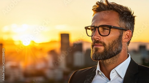 Mature gentleman wearing eyeglasses looks thoughtfully toward a bright, golden sunset over a city skyline