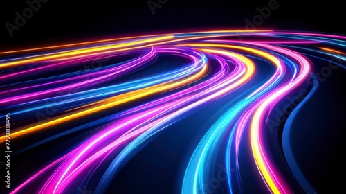 Energetic streams of vibrant light trace a winding path across a dark background.