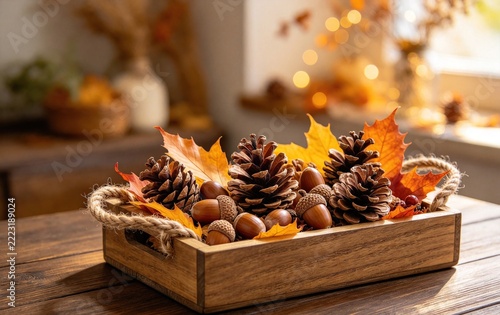 Wooden Tray with Pinecones Acorns Autumn Leaves, Rustic Fall Decor