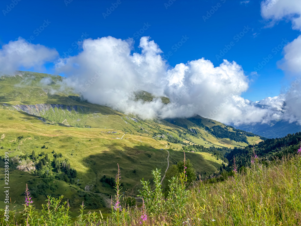 Fototapeta premium Cloudy mountain slopes above alpine meadows in Les Contamines-Montjoie, France