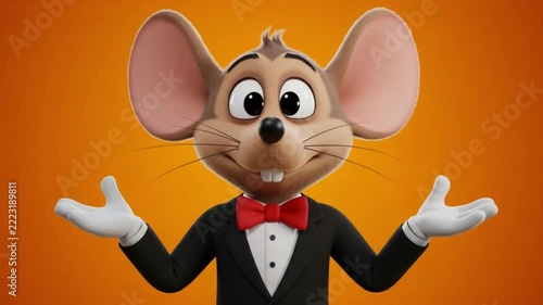 Cartoon mouse in a tuxedo against an orange background