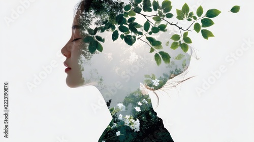 Double exposure portrait of a calm woman side profile merged with