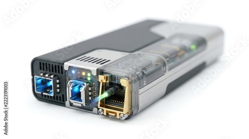 High-tech network device with fiber optic and usb ports for data transfer