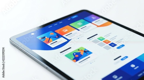 Tablet displaying colorful creative application interface with design elements
