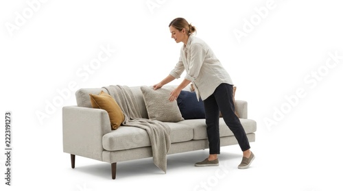Woman arranging decorative pillows on a sofa creating a cozy home interior
