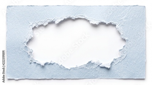 A torn blue paper frame with ragged edges creates an abstract void, suggesting a sense of loss or anticipation.