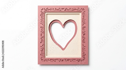 A charming pink ornate frame displays a cutout heart shape, symbolizing love and affection, presented cleanly.