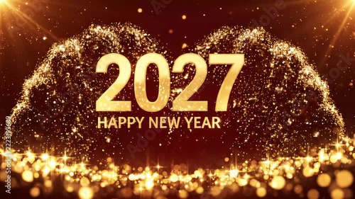 A festive background featuring golden fireworks and sparkles to celebrate happy christmas day and happy new year 2027 with elegant typography on a deep ... See More