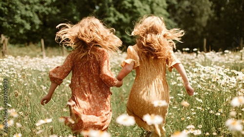 sisters holding hands while running through a field of daisies, flowing dresses, joyful movement, sunshine illuminating their hair, innocence and sibling affection, countryside scenery, realistic