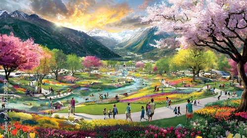 garden filled with roses, tulips, daisies and flowering trees, couples, families, friends and children sharing affectionate moments throughout the landscape, warm sunlight, inclusive human connection,