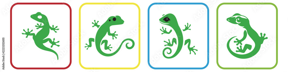 Fototapeta premium Green Gecko Icon Set in Colorful Rounded Square Frames