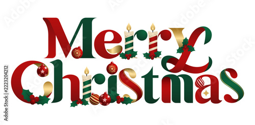 Festive Merry Christmas lettering with candles, baubles, holly leaves and red berries in traditional red, green and gold. Perfect for holiday cards, invitations, branding and gift packaging.