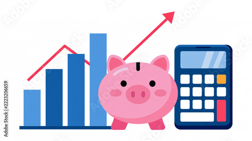 Gestion de budget et d'épargne : cochon tirelire avec histogrammes et calculatrice, isolée sur fond blanc