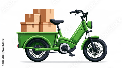 Concept de livraison urbaine écologique : vélo électrique vert transportant des colis, isolé sur fond blanc