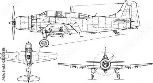 Fotografie Technical blueprint of vintage world war two fighter aircraft in side