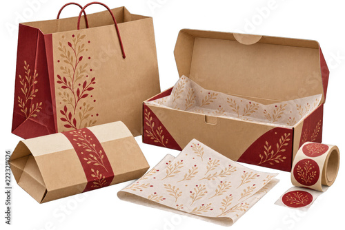 Holiday Kraft Paper Packaging Set With Botanical Gift Bags, Box, Tissue Paper and Stickers