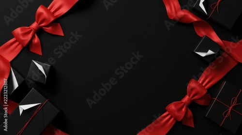 Black gift boxes with red ribbons on dark background