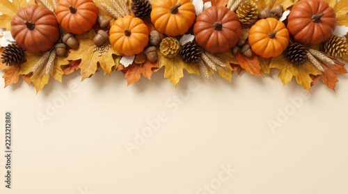 Assorted autumn pumpkins and pine cones on textured surface