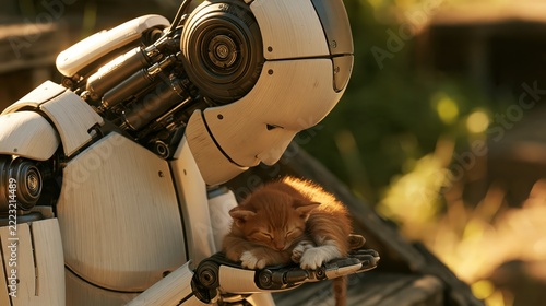 Humanoid robot with white and graphite metal body gently holding a sleeping red tabby kitten in its open palm, a gentle moment between technology and nature, tenderness and technology concept