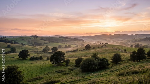 Rolling green countryside with scattered trees beneath a colorful sunrise sky. Rural landscape and patchwork fields across gentle hills. Nature, agriculture and pastoral scenery.