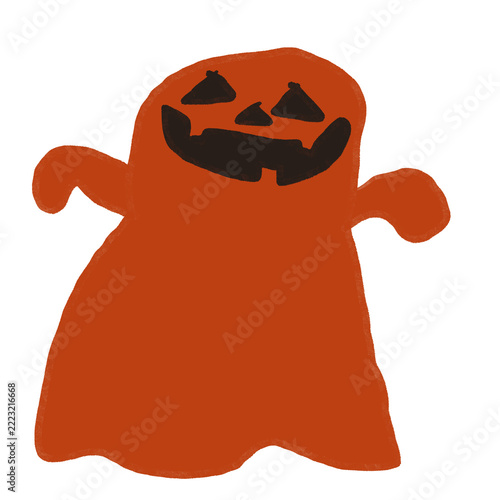 Spooky red ghost with skull face illustration. Hand drawn retro Halloween monster