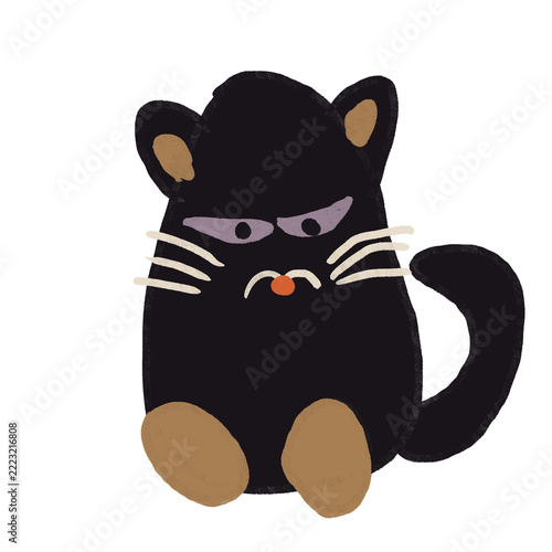 Cute grumpy black cat illustration for Halloween. Hand drawn retro spooky kitten character isolated