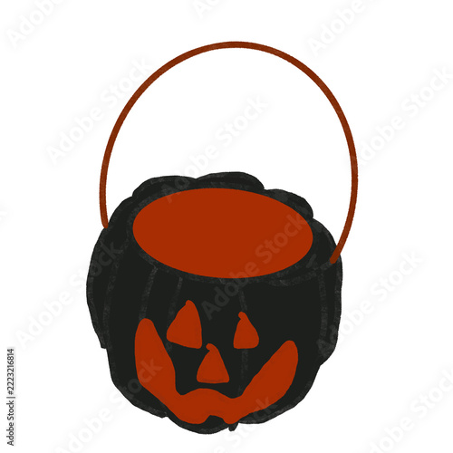 Black Halloween pumpkin bucket for trick or treating. Retro jack-o-lantern candy pail illustration