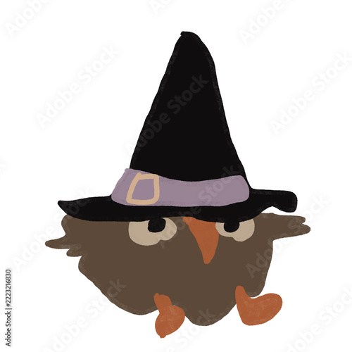 Cute grumpy owl wearing witch hat for Halloween. Hand drawn retro spooky bird illustration isolated