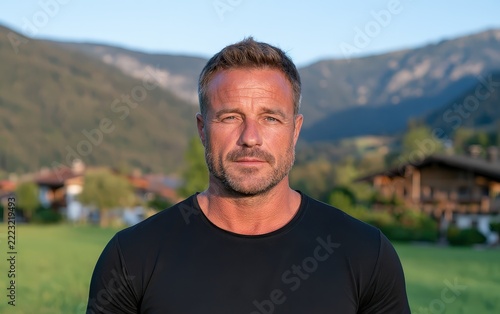 Man in front of mountain landscape
