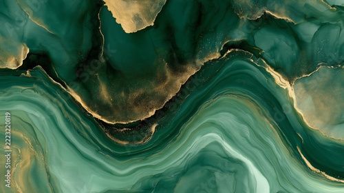 Swirls of green and gold paint create an abstract design with flowing lines and shapes