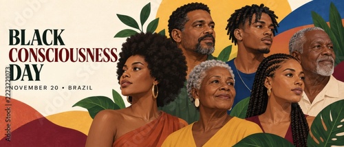 Black Consciousness Day banner featuring diverse Black Brazilian people, tropical leaves, warm abstract shapes, and English event text November 20 Brazil for cultural awareness, equality, and social