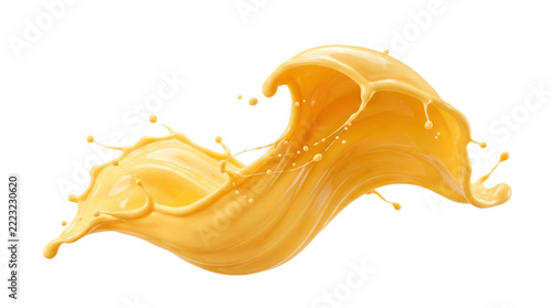 Creamy yellow liquid splash frozen into a dynamic sculptural wave, smooth glossy surface, curved crest, and fine suspended droplets visually connected to the main splash form. Photorealistic