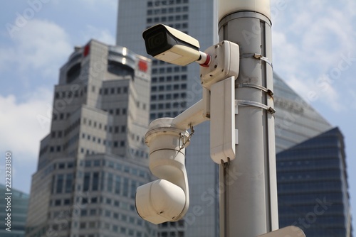 Security cameras in Singapore City. CCTV equipment. Security surveillance technology.
