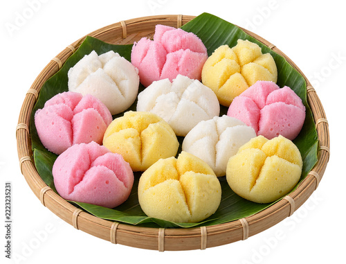 Thai khanom fak bua pastel steamed lotus rice cakes on bamboo tray isolated on transparent background