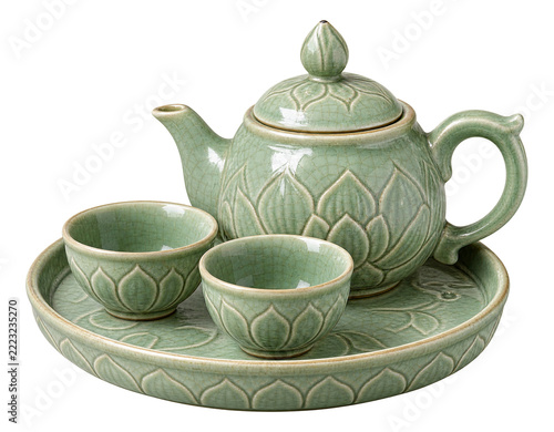 Thai Sukhothai celadon tea set teapot and cups with crackle glaze isolated on transparent background