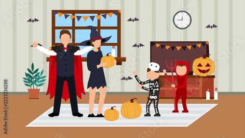 Happy family in Halloween costumes celebrating at home with pumpkins and bats cartoon animation