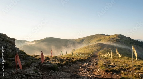 Mountain Ridge Trail with Safety Ropes at Sunrise with Mist