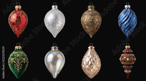 Set of decorative christmas baubles with varied textures for holiday home styling.