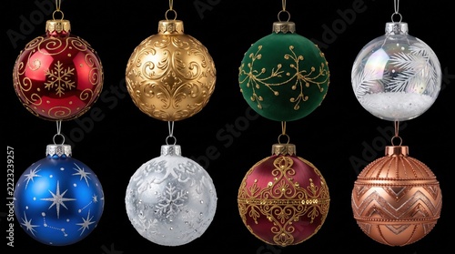 Set of elegant christmas ornaments featuring intricate patterns and shiny surfaces.